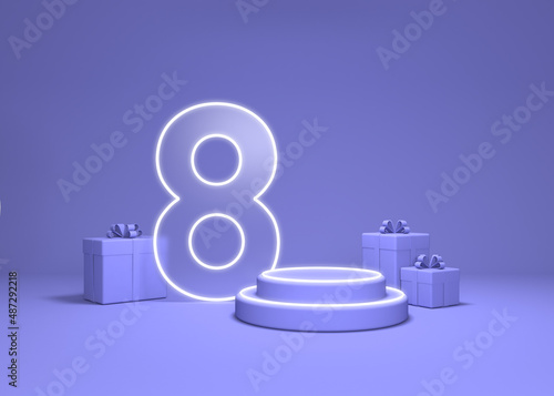 March 8. Product mockup. Eight, podium, gifts. Purple. 3D rendering. 