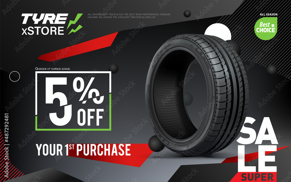 Clean car tire on a dark advertising background. Advertising block for an  online store selling branded CDs. Discount for clients. Black Friday.  Brochure, leaflet. Black and red background. Stock Vector | Adobe