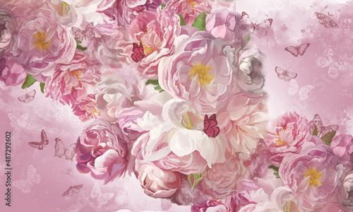Delicate pink flowers painted with oil paints. Beautiful mural, postcard, picture, wallpaper, photo wallpaper with peonies and butterflies.
