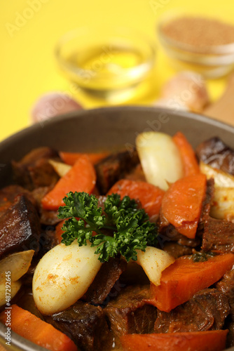Concept of tasty food with beef with vegetables, close up