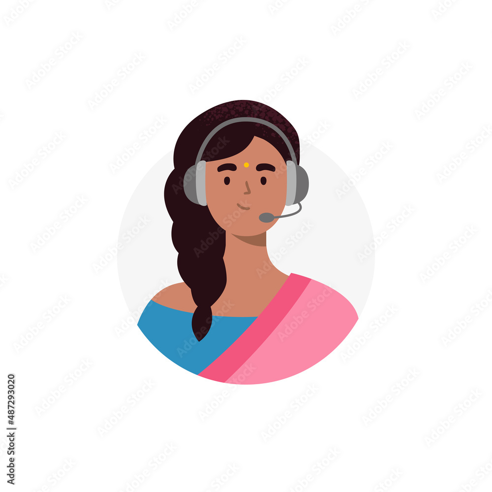 An avatar of indian woman from a call center. Live chat operators, hotline operator, assistant with headphones. Online technical support 24 7. Vector flat illustration.