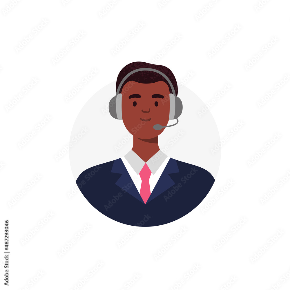 An avatar of african-american man from a call center. Live chat operators, hotline operator, assistant with headphones. Online technical support 24 7. Vector flat illustration.
