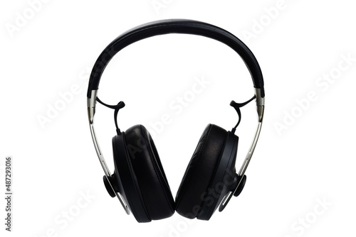 Full-size wireless headphones with leather ear pads isolated on white