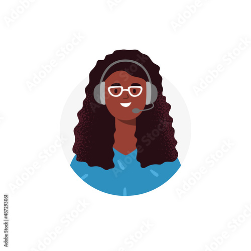 An avatar of african-american woman from a call center. Live chat operators, hotline operator, assistant with headphones. Online technical support 24 7. Vector flat illustration.