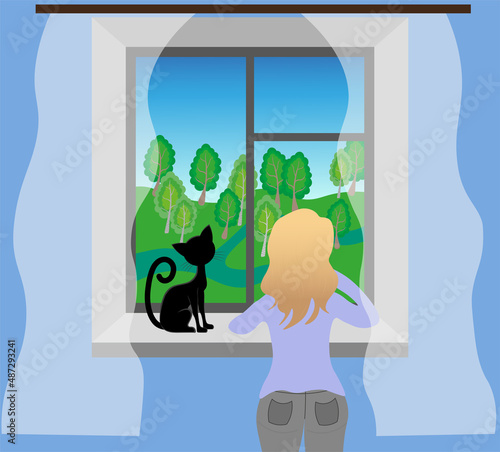 вид из окна, a girl and a cat look out the window