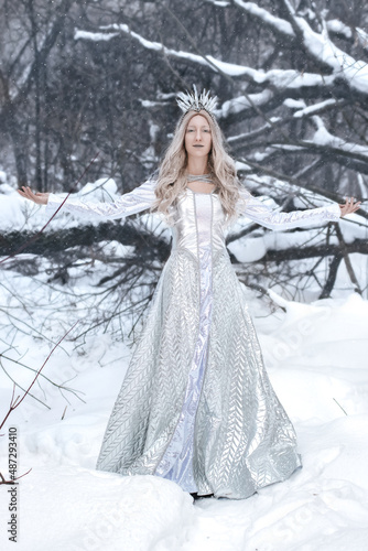 Snow Queen cosplay in the winter forest background. Art photo