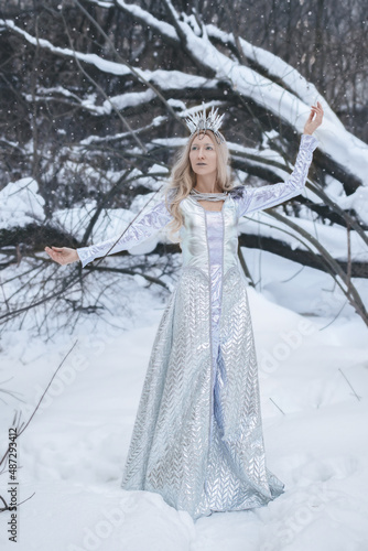 Snow Queen cosplay in the winter forest background. Art photo