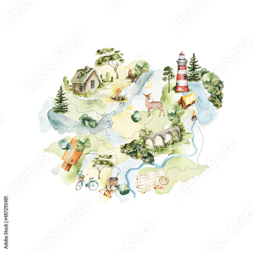 Watercolor map creator for trip, travel, camping. Hand painted road, houses, lake, tree, bycicle, summer landscape City street isolated on white background. illustration for decor, wedding print