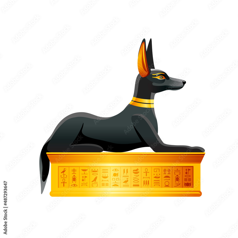 Egyptian dog. Anubis god. Black jackal with golden necklace