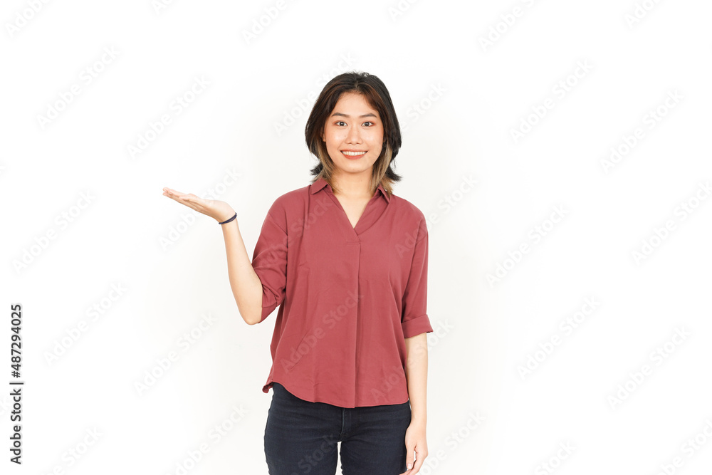 Presenting and Showing Product on Open Palm Of Beautiful Asian Woman Isolated On White Background Presenting and Showing Product on Open Palm Of Beautiful Asian Woman Isolated On White Background