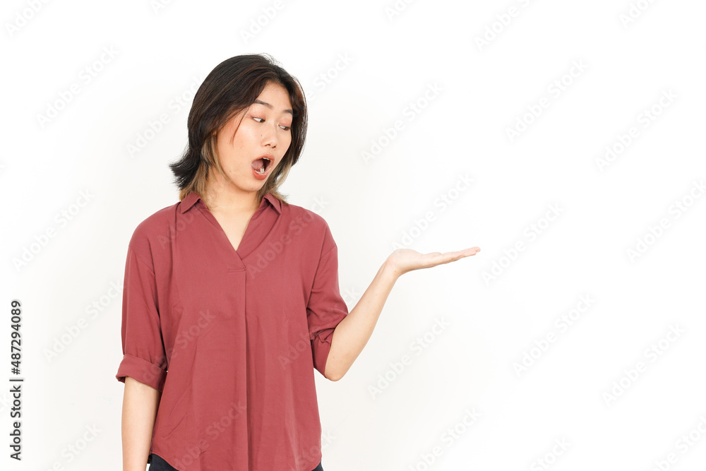 Presenting and Showing Product on Open Palm Of Beautiful Asian Woman Isolated On White Background Presenting and Showing Product on Open Palm Of Beautiful Asian Woman Isolated On White Background