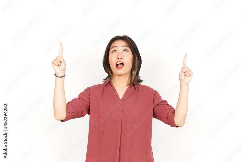 Presenting and Pointing up Product Of Beautiful Asian Woman Isolated On White Background Presenting and Pointing up Product Of Beautiful Asian Woman Isolated On White Background