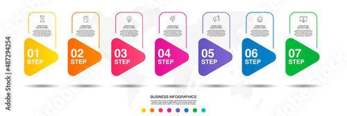 Vector infographics with 7 triangles. Business concept graphic process template with seven steps and icons. Graphic timeline for a project on white background