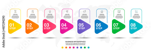 Vector infographics with 8 triangles. Business concept graphic process template with eight steps and icons. Graphic timeline for a project on white background