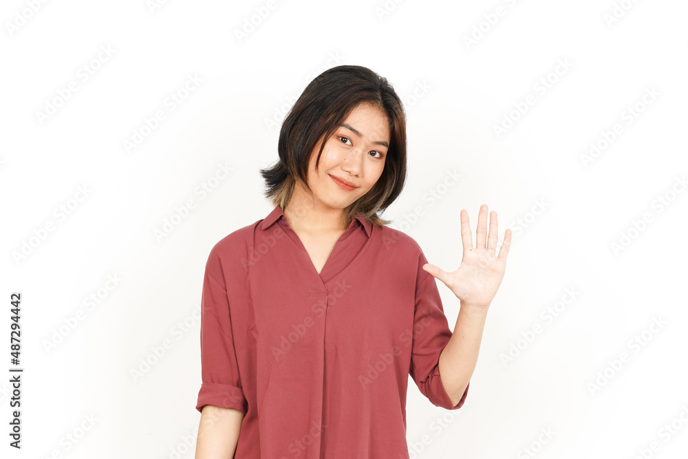 Hi Greeting or Waving at Camera Of Beautiful Asian Woman Isolated On White Background Hi Greeting or Waving at Camera Of Beautiful Asian Woman Isolated On White Background