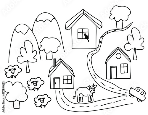 vector farm village in mountain illustration sketch doodle hand drawn with black lines isolated on white background for coloring page.