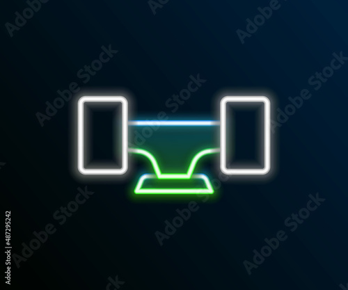 Glowing neon line Skateboard wheel icon isolated on black background. Skateboard suspension. Skate wheel. Colorful outline concept. Vector