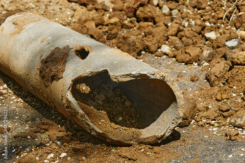 Damaged sewer pipe. Laying or replacing underground storm sewer pipes. Installation of water supply systems, sewerage, storm sewerage.