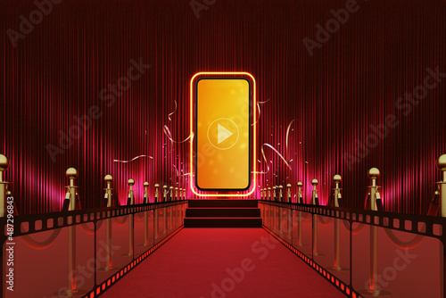 smartphone red carpet entertainment award show social concert online stair stage play light barrier festival live stream. Watching movies cinema online media. hollywood background. 3D Illustration. photo