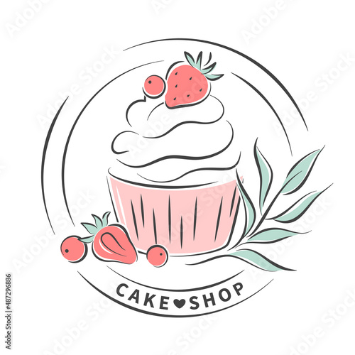Cake shop logo. Cupcake and berries. Vector illustration for menu, recipe book, baking shop, cafe, restaurant.