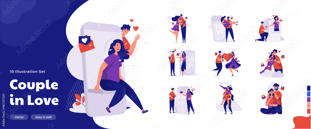 Couple in love illustration set for romantic valentine's day greetings