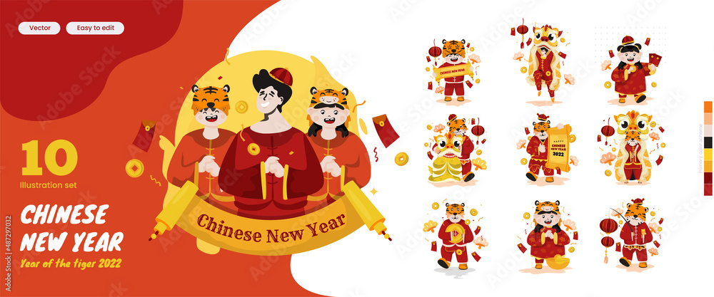 Chinese lunar new year 2022 illustration set for greetings