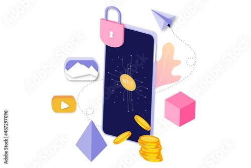 NFT non fungible token infographic with lines and dots network. Pay for unique collectible in video, game, art. Isometric vector illustration of NFT with blockchain technology for web, banner template