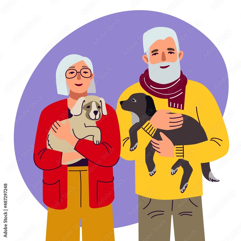 Adult man and woman with dogs, illustration in flat style Adult man and woman with dogs, illustration in flat style