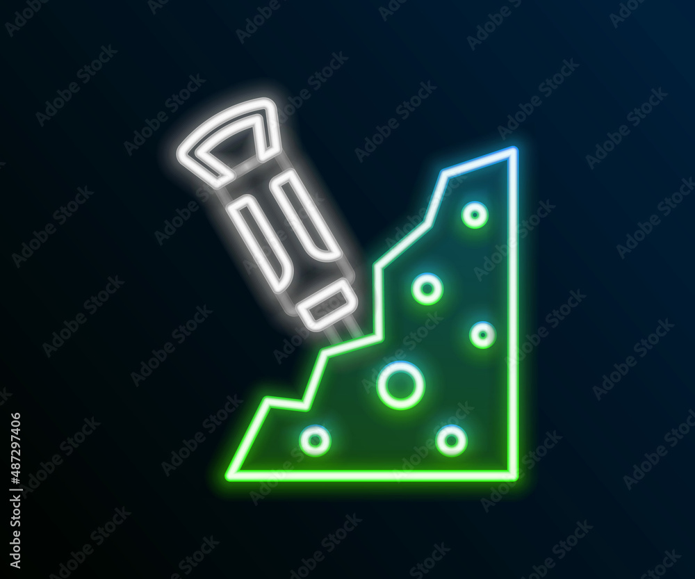 Glowing neon line Construction jackhammer and stone icon isolated on black background. Colorful outline concept. Vector Glowing neon line Construction jackhammer and stone icon isolated on black background. Colorful outline concept. Vector