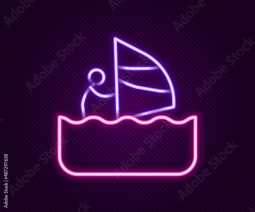 Glowing neon line Windsurfing icon isolated on black background. Colorful outline concept. Vector