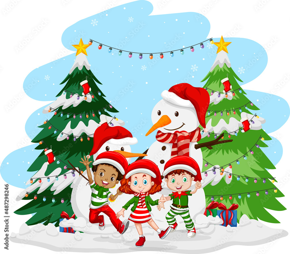 Children celebrating Christmas with snowman