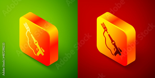 Isometric Fishing harpoon icon isolated on green and red background. Fishery manufacturers for catching fish under water. Diving underwater equipment. Square button. Vector