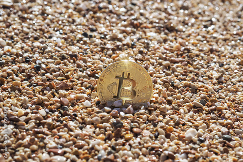 The bitcoin on the sandy seashore. The concept of freelance and cryptocurrency