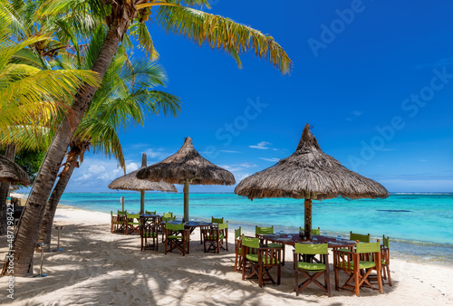 Fototapeta Naklejka Na Ścianę i Meble -  Beach cafe on sandy beach under straw umbrella, palm trees and beautiful sea on exotic tropical island.