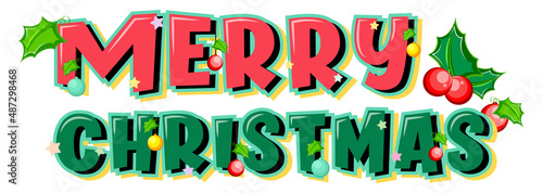 Merry Christmas typography logo design with holly