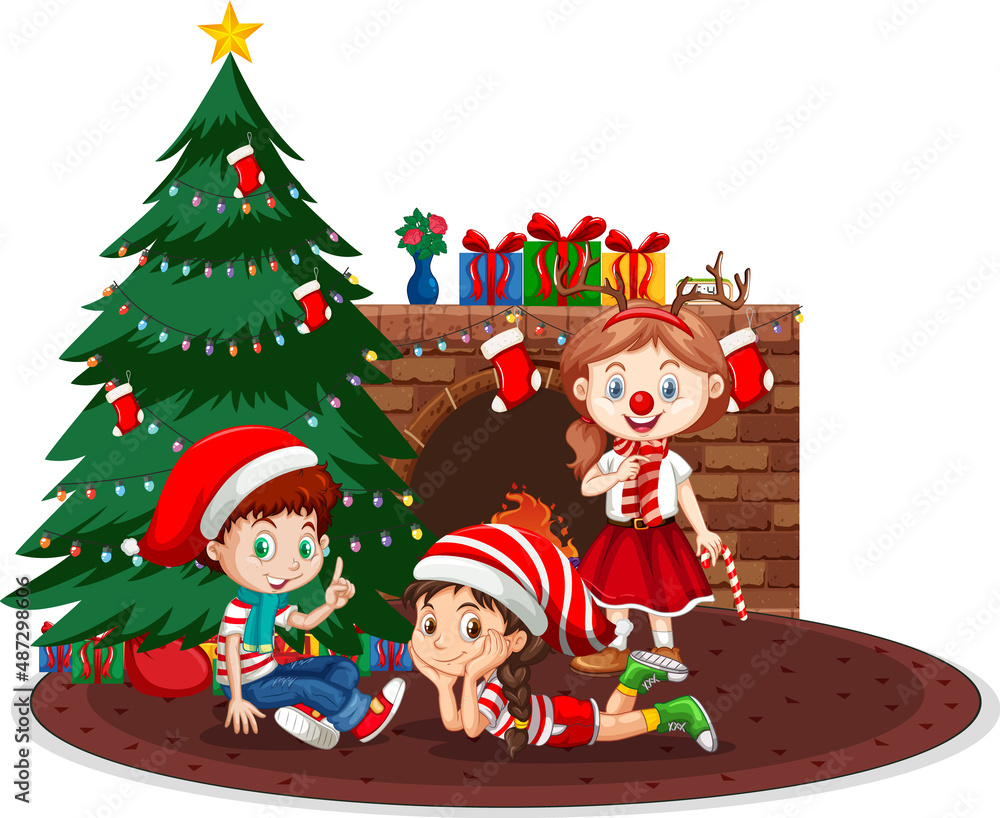 Naklejka premium Happy children celebrating Christmas on white background