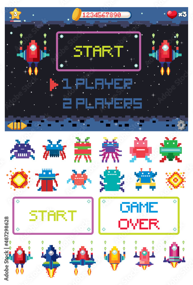 Obraz premium Retro pixel space game interface
