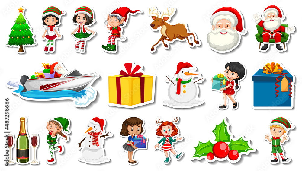 Set of Christmas objects and cartoon characters
