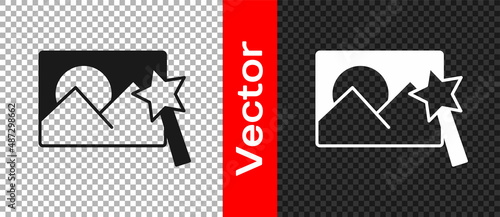 Black Photo retouching icon isolated on transparent background. Photographer, photography, retouch icon. Vector