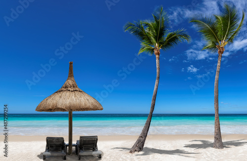 Chairs and umbrella in sunny tropical Palm Beach and turquoise sea. Summer vacation and tropical beach concept.  © lucky-photo