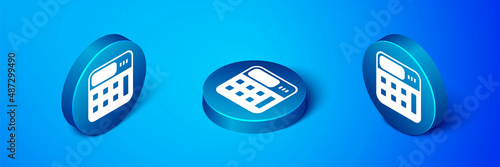 Isometric Calculator icon isolated on blue background. Accounting symbol. Business calculations mathematics education and finance. Blue circle button. Vector