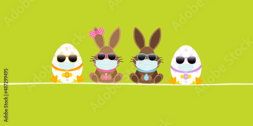 Osterhasen Mädchen & Junge Sonnenbrille & 2 Ostereier Maske Banner Grün