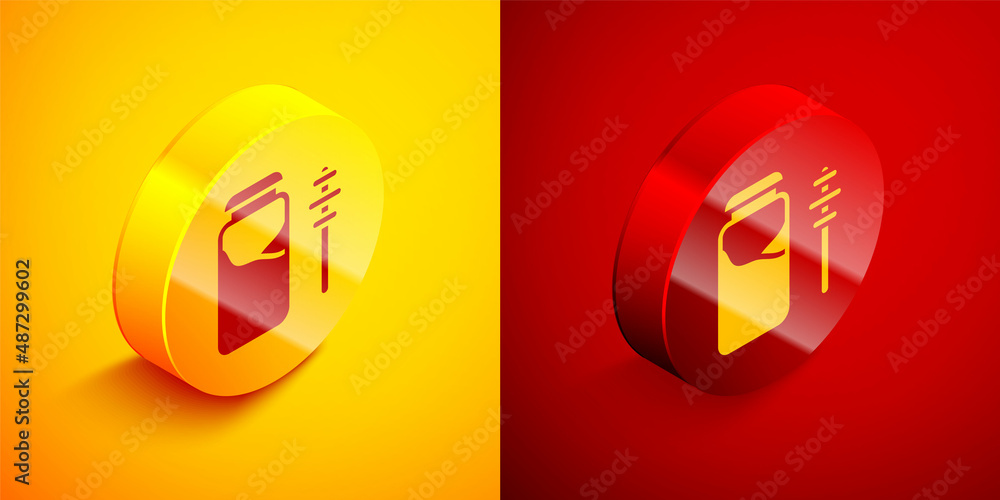 Isometric Jar of honey and honey dipper stick icon isolated on orange and red background. Food bank. Sweet natural food symbol. Honey ladle. Circle button. Vector Isometric Jar of honey and honey dipper stick icon isolated on orange and red background. Food bank. Sweet natural food symbol. Honey ladle. Circle button. Vector