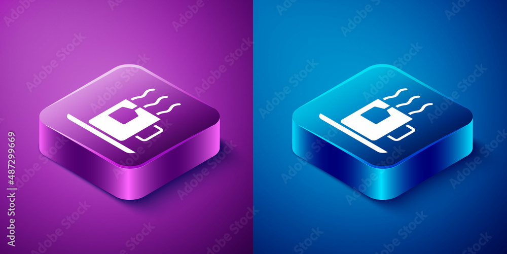 Isometric Cup of tea with tea bag icon isolated on blue and purple background. Square button. Vector Isometric Cup of tea with tea bag icon isolated on blue and purple background. Square button. Vector