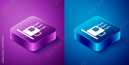 Isometric Cup of tea with tea bag icon isolated on blue and purple background. Square button. Vector