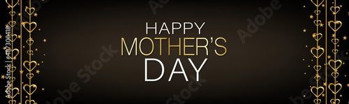 Mothers Day banner, website or newsletter header. Golden hearts garland on black background. Vector illustration.
