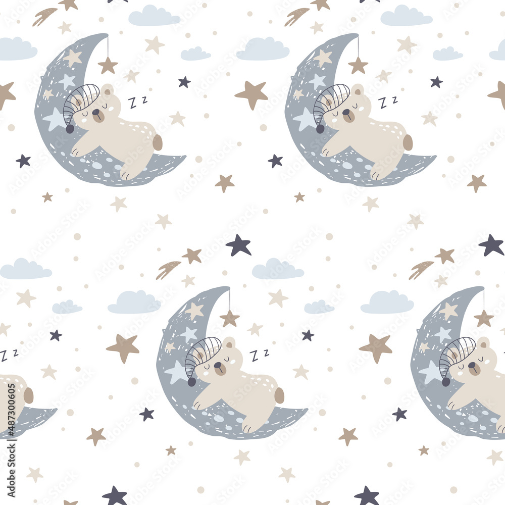 Seamless pattern with cute bear sleeping on the moon. Vector Illustration