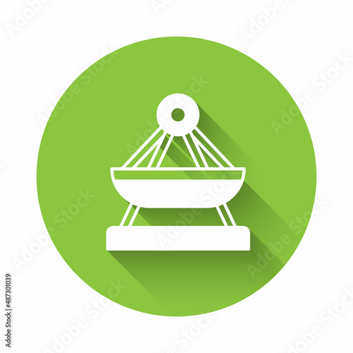 White Boat swing icon isolated with long shadow background. Childrens entertainment playground. Attraction riding ship, swinging boat. Amusement park. Green circle button. Vector