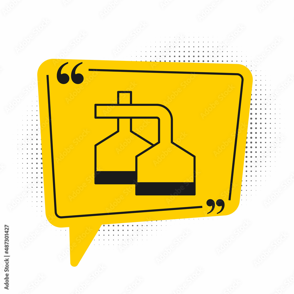 Black Traditional brewing vessels in brewery icon isolated on white background. Beer brewing process. Distillery plant, brewery. Yellow speech bubble symbol. Vector Black Traditional brewing vessels in brewery icon isolated on white background. Beer brewing process. Distillery plant, brewery. Yellow speech bubble symbol. Vector