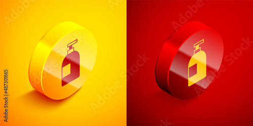 Isometric Dishwashing liquid bottle icon isolated on orange and red background. Liquid detergent for washing dishes. Circle button. Vector